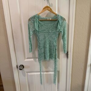 Moth Sheer Mesh Floral Top Womens Small Green Ruched Tie Long Sleeve